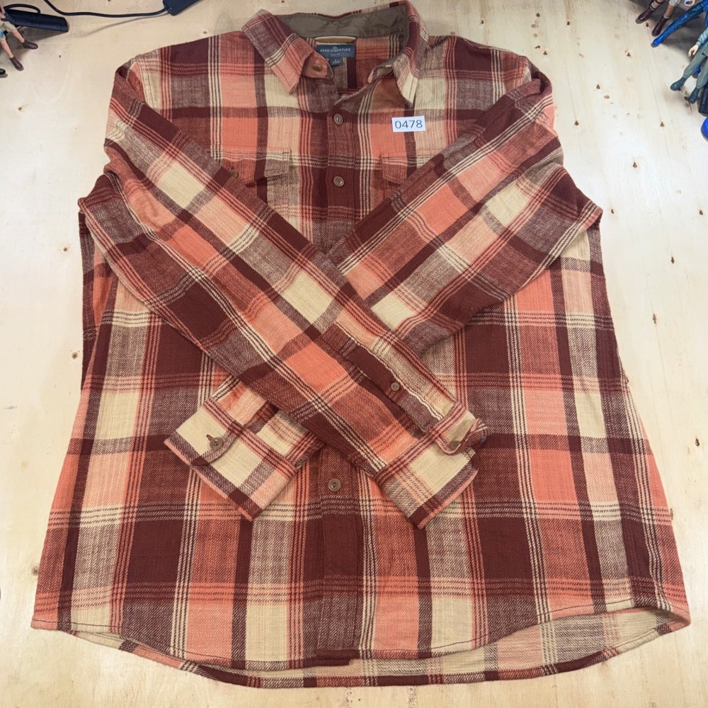 L.L. Bean Signature Mens L Slim Fit Plaid Flannel Shirt Burgundy Orange